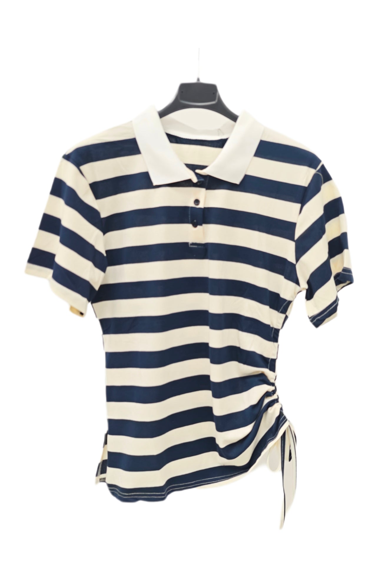 Women’s Striped Polo Shirt – Side Drawstring Slim Fit Top, Short Sleeve Casual Knit Tee
