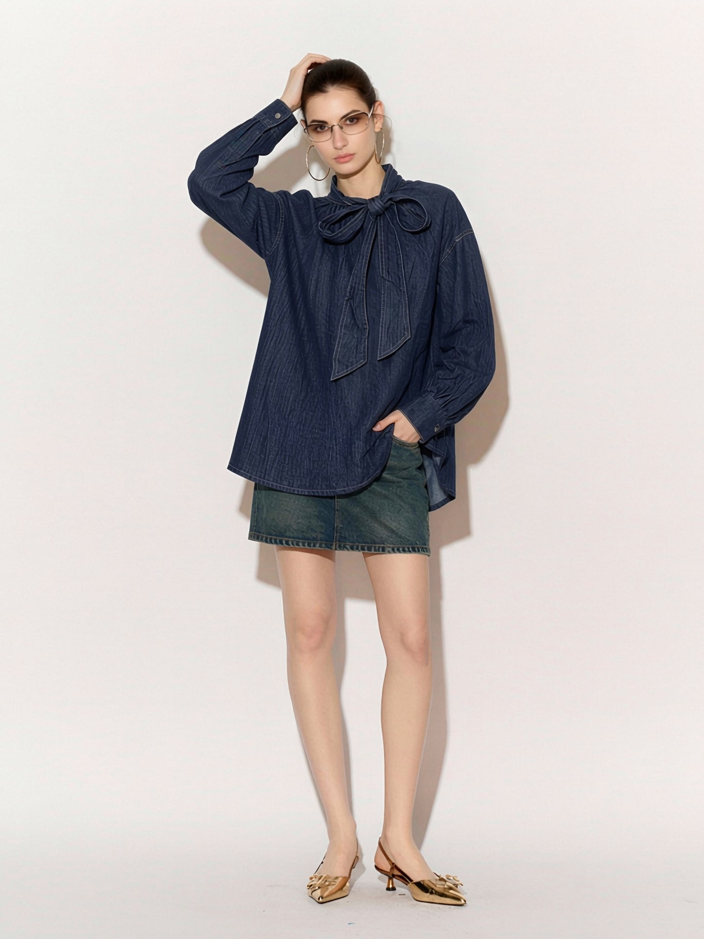 Women’s Dark Blue Denim Bow Neck Blouse – Oversized Long Sleeve Top
