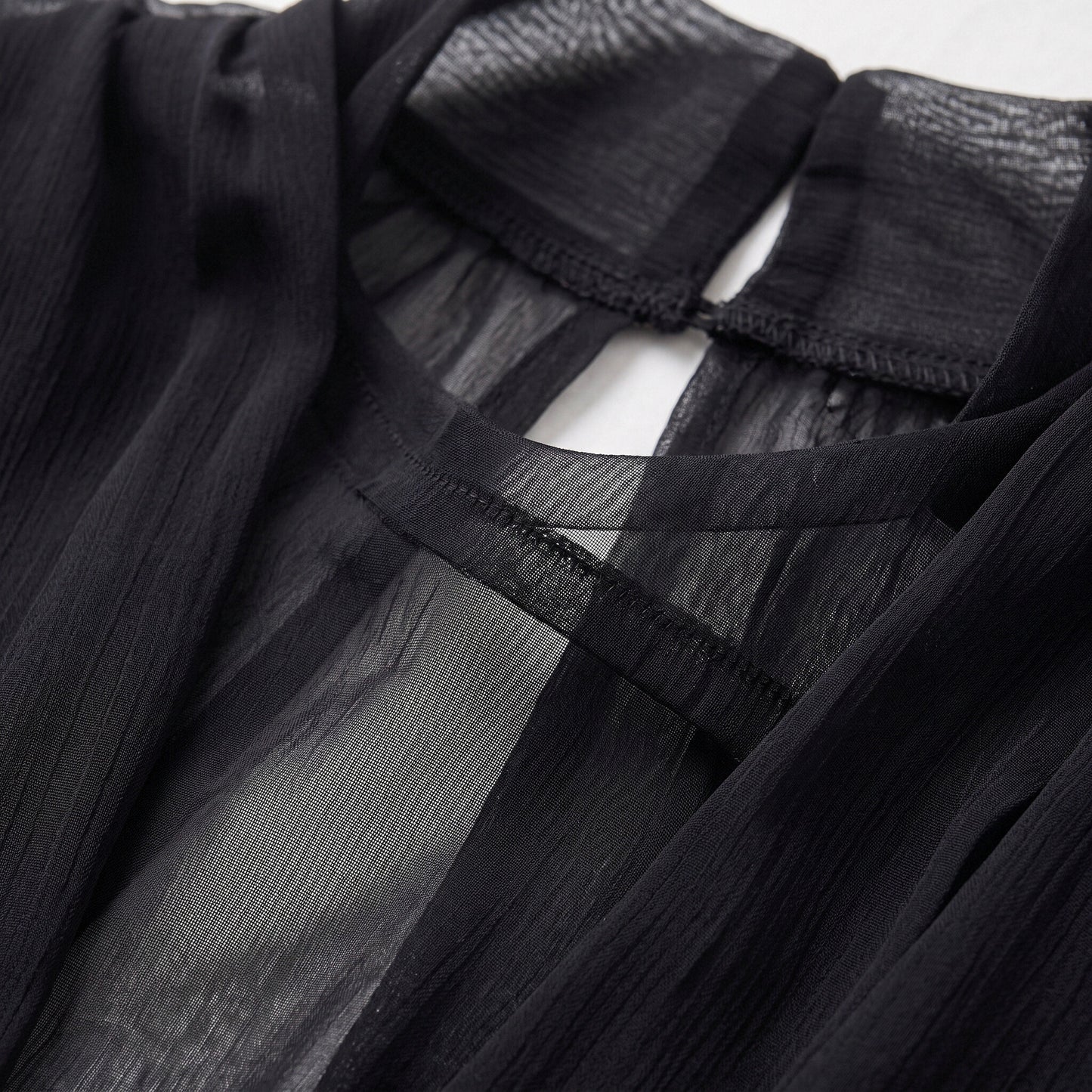 Women’s Black Sheer Wrap Blouse with High Neck and Long Sleeves