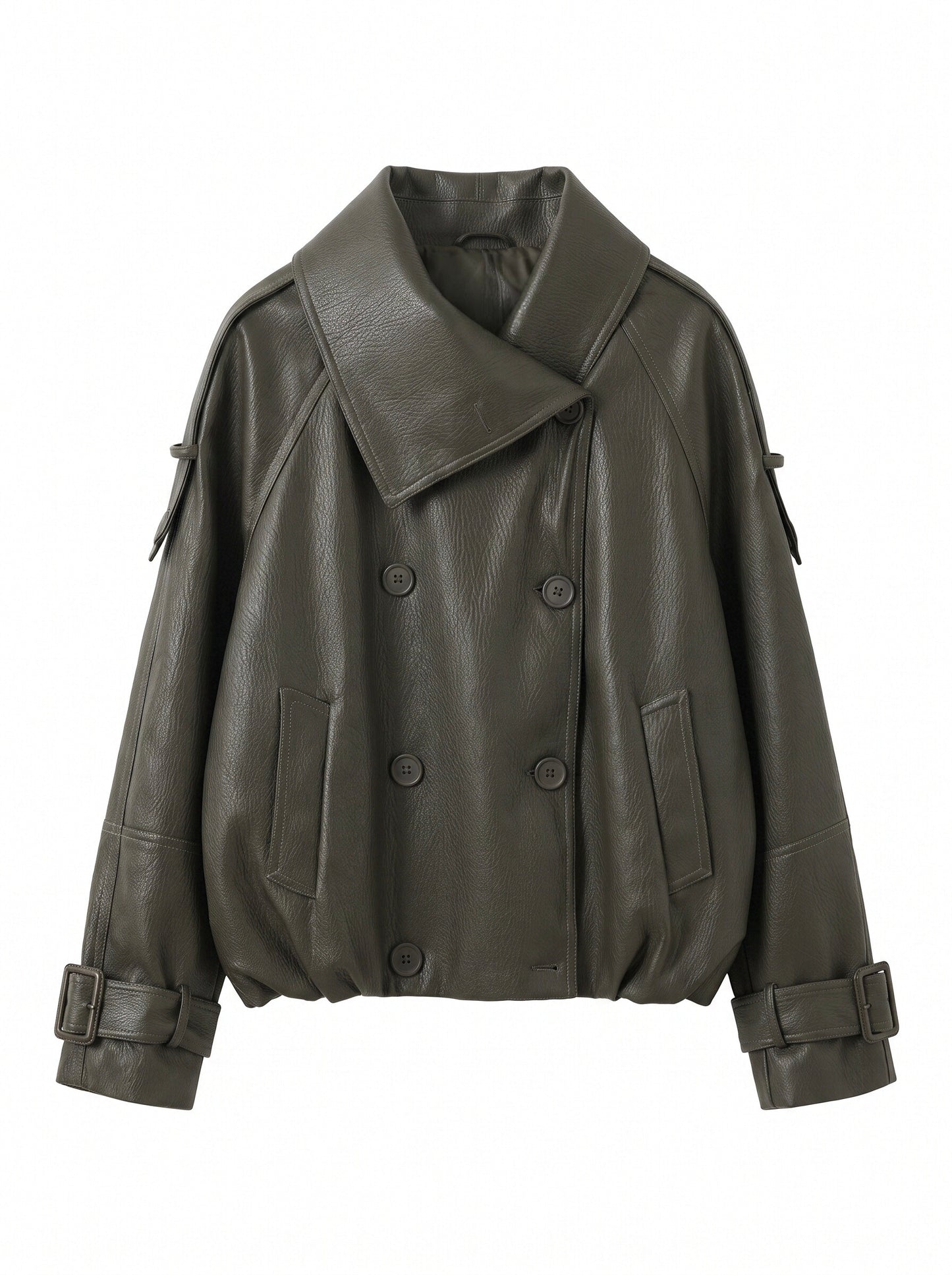 Oversized Black Faux Leather Jacket with Wide Lapels and Buckle Cuffs