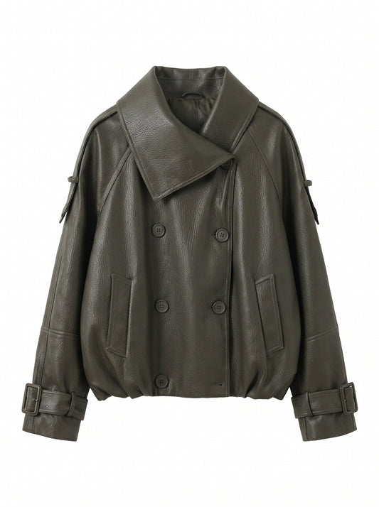 Oversized Black Faux Leather Jacket with Wide Lapels and Buckle Cuffs