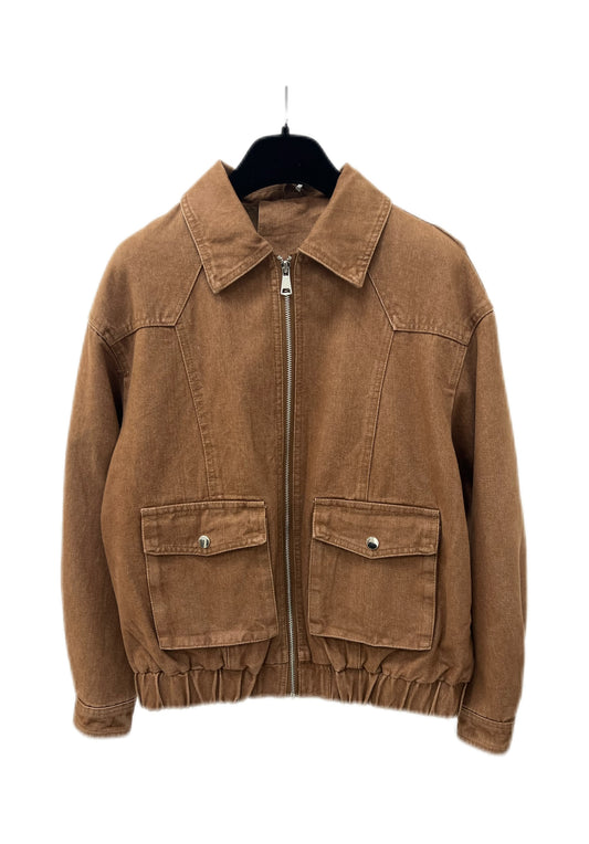 Women’s Vintage Brown Denim Jacket – Zip-Up Cropped Utility Jacket with Large Pockets, Casual Street Style Outerwear
