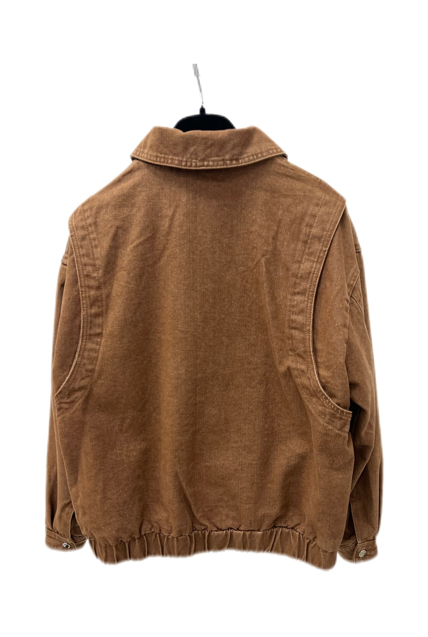 Women’s Vintage Brown Denim Jacket – Zip-Up Cropped Utility Jacket with Large Pockets, Casual Street Style Outerwear