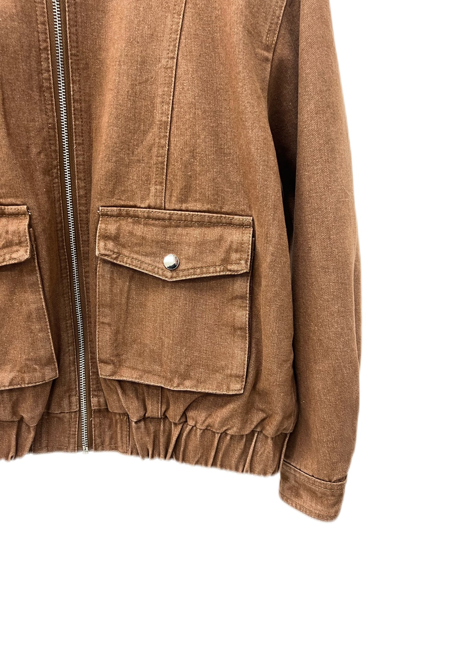 Women’s Vintage Brown Denim Jacket – Zip-Up Cropped Utility Jacket with Large Pockets, Casual Street Style Outerwear