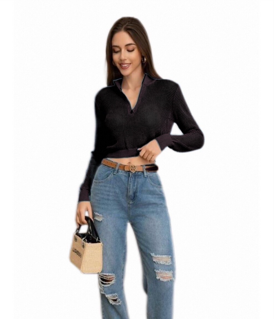 Maglia Crop con Colletto e Zip