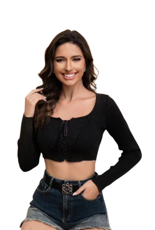 Crop Top a Costine con Dettaglio Lace-up