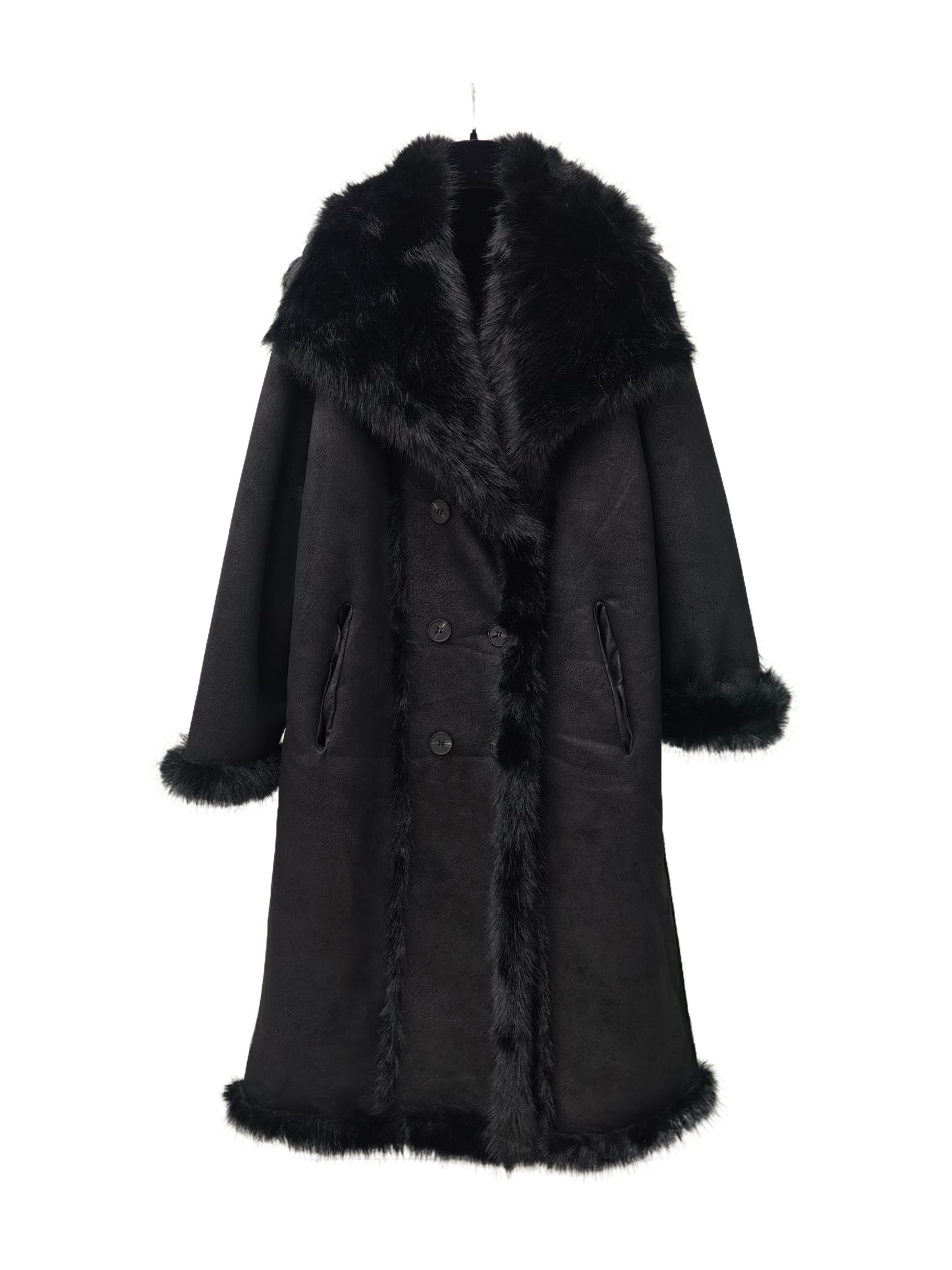 Zayla Women’s Reversible Faux Fur Long Coat – Black Winter Shearling Overcoat, Warm Thick Double-Sided Jacket