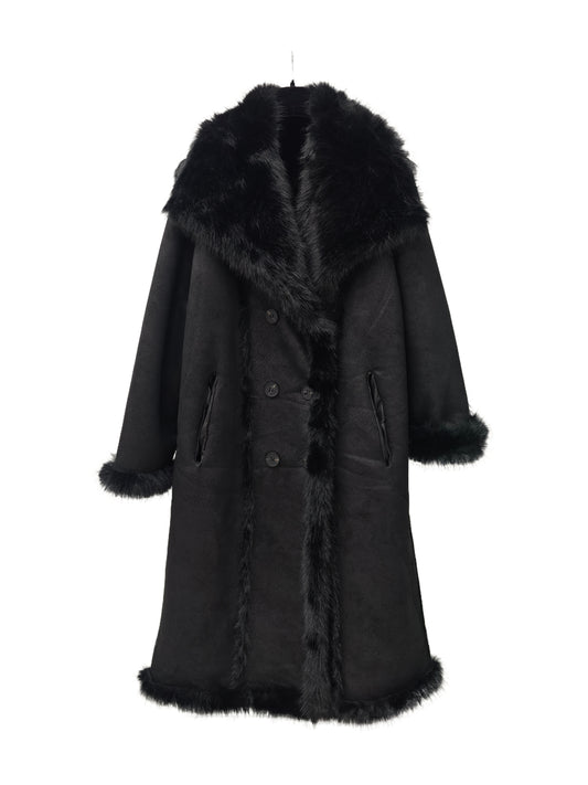 Zayla Women’s Reversible Faux Fur Long Coat – Black Winter Shearling Overcoat, Warm Thick Double-Sided Jacket