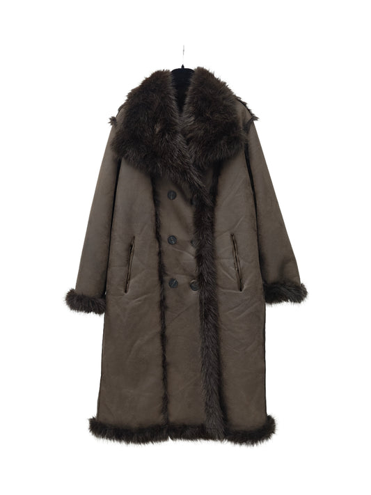 Zayla Women’s Reversible Faux Fur Long Coat – Brown Winter Plush Shearling Jacket, Warm Thick Double-Sided Overcoat