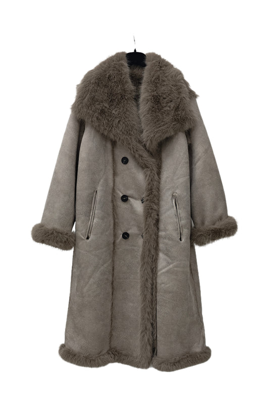 Zayla Women’s Reversible Faux Fur Long Coat – Grey Winter Shearling Plush Overcoat, Warm Double-Sided Soft Jacket