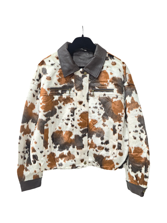 Zayla Women’s Cow-Print Faux Fur Jacket – Warm Winter Zip-Up Coat, Trendy Leather-Trim Short Outerwear