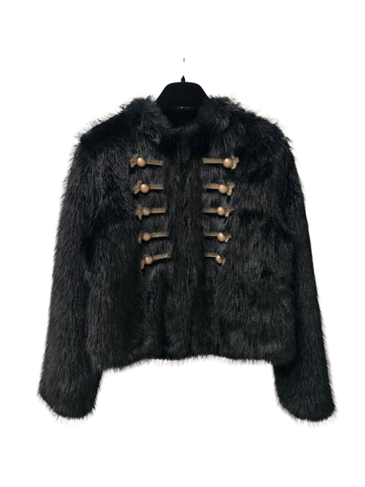 Zayla Women’s Black Faux Fur Jacket – Elegant Military-Style Short Winter Coat with Gold Button Detail