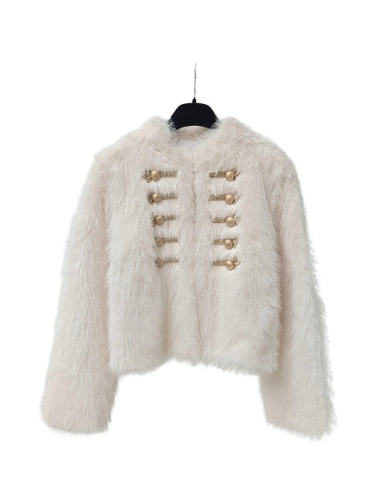 Zayla Women’s White Faux Fur Jacket – Elegant Military-Style Short Winter Coat with Gold Button Detail