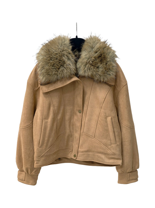 Zayla Women’s Faux Fur Collar Suede Jacket – Warm Short Winter Coat, Oversized Soft Vintage-Inspired Outerwear