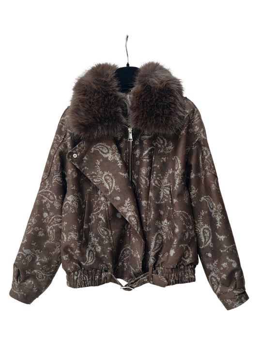 Zayla Women’s Paisley Faux Fur Collar Jacket – Warm Vintage-Inspired Short Winter Coat, Soft Printed Outerwear