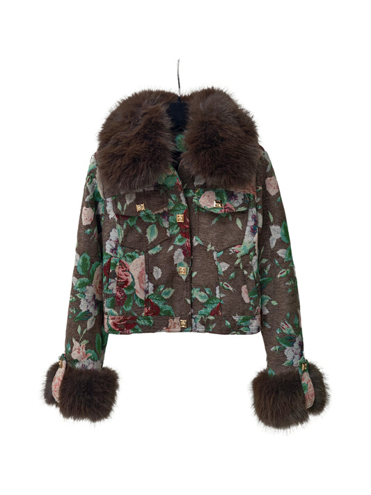 Zayla Women’s Floral Faux Fur Collar Jacket – Vintage Tapestry Short Winter Coat with Fur Cuffs