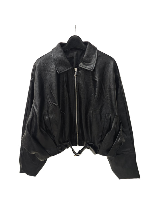 Zayla Women’s Black Faux Leather Cropped Jacket – Oversized Zip-Up Short Coat, Minimalist Fall Winter Outerwear