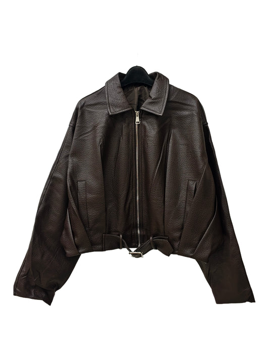 Zayla Women’s Brown Faux Leather Cropped Jacket – Oversized Zip-Up Short Coat, Soft Textured Fall Winter Outerwear