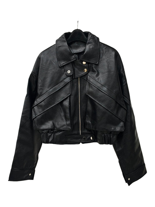 Zayla Women’s Black Faux Leather Cropped Jacket – Oversized Zip-Up Short Coat, Minimalist Street Style Outerwear