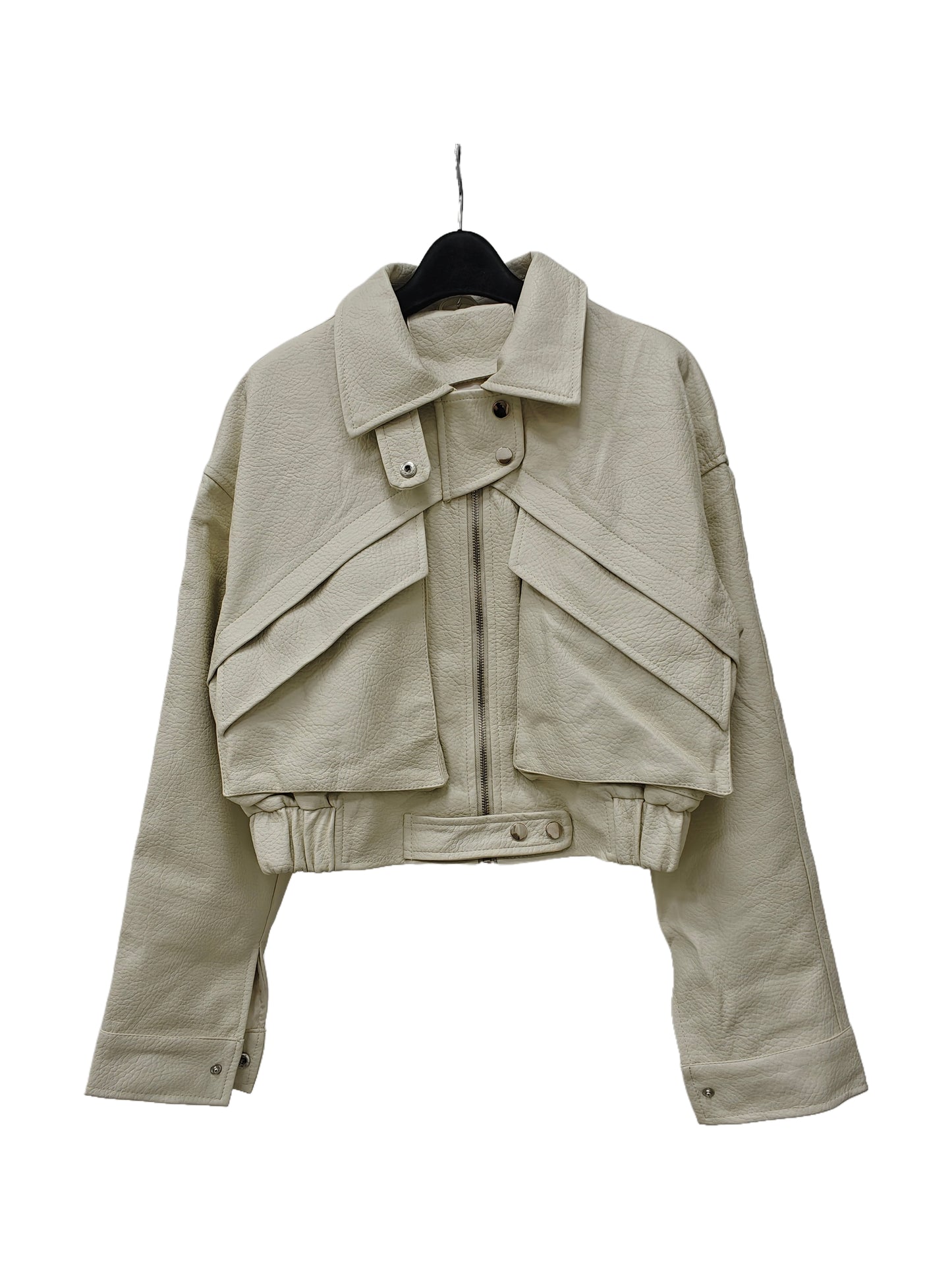 Zayla Women’s Ivory Faux Leather Cropped Jacket – Oversized Zip-Up Short Coat, Minimalist Fall Winter Outerwear