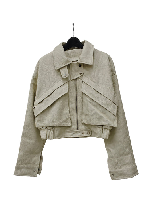 Zayla Women’s Ivory Faux Leather Cropped Jacket – Oversized Zip-Up Short Coat, Minimalist Fall Winter Outerwear