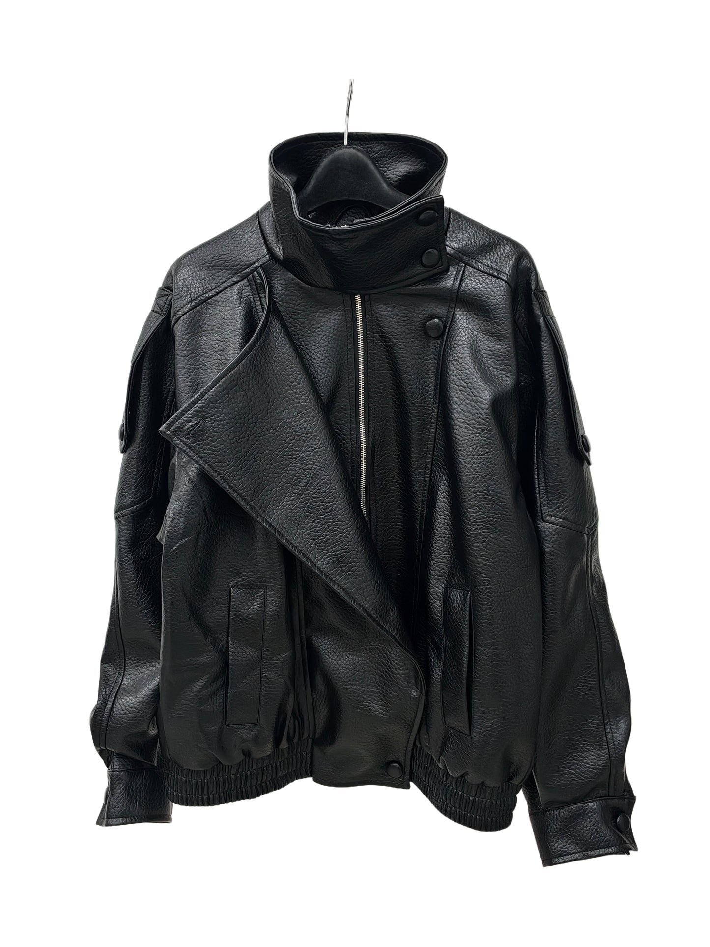 Zayla Women’s Black Faux Leather Jacket – Oversized High-Neck Moto Coat, Textured Fall Winter Outerwear