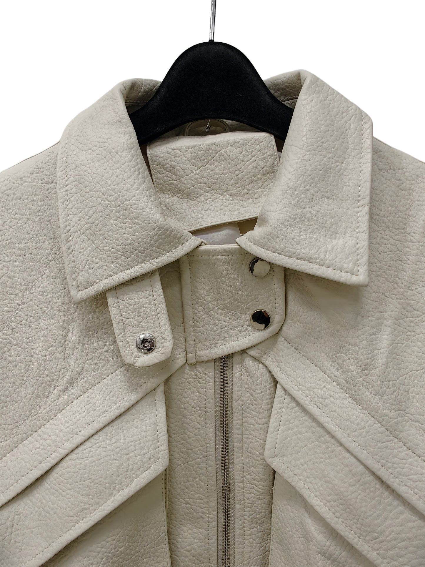 Zayla Women’s Ivory Faux Leather Cropped Jacket – Oversized Zip-Up Short Coat, Minimalist Fall Winter Outerwear