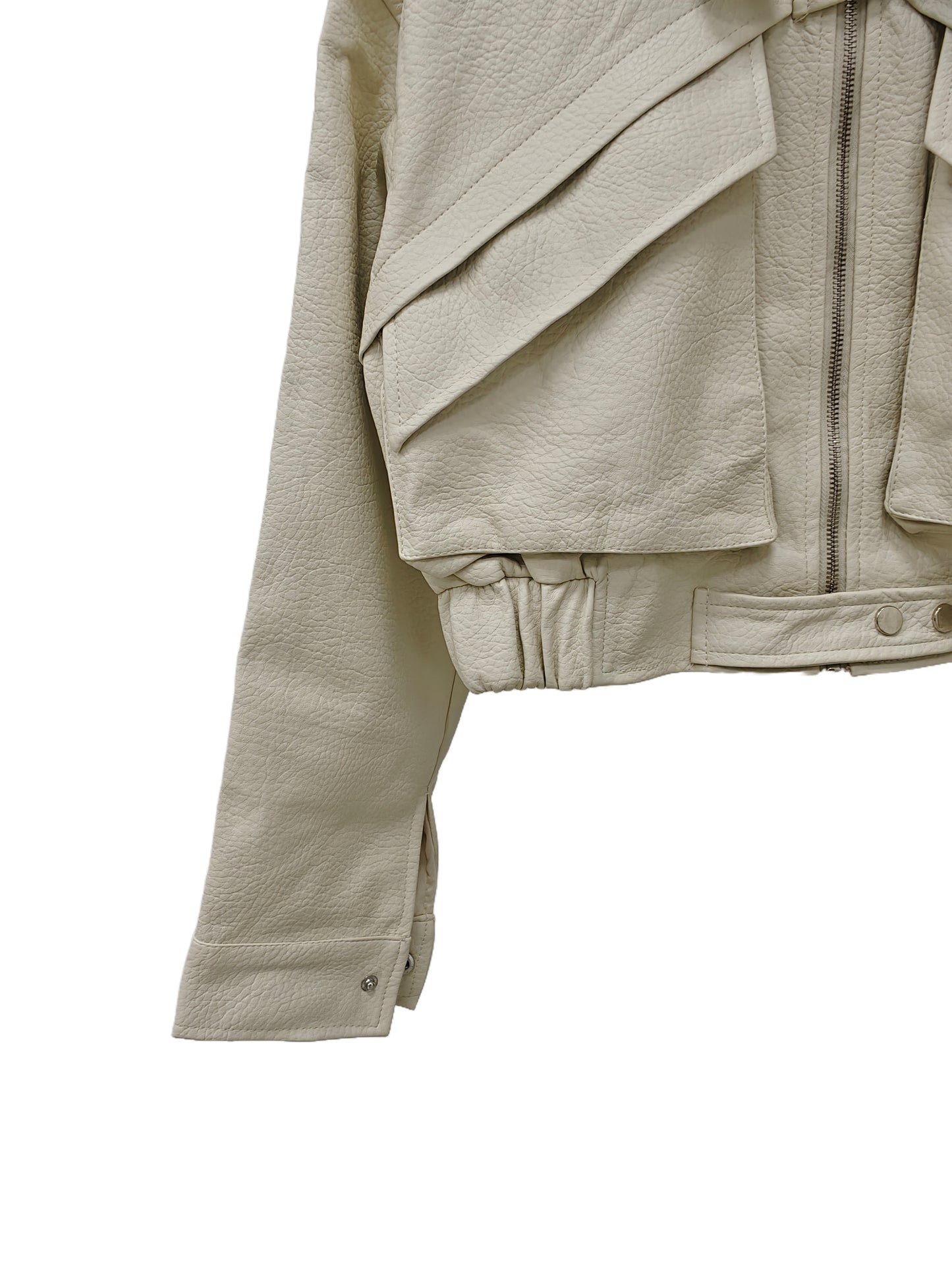 Zayla Women’s Ivory Faux Leather Cropped Jacket – Oversized Zip-Up Short Coat, Minimalist Fall Winter Outerwear