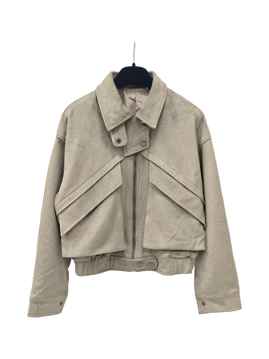 Women’s Cropped Faux Suede Jacket – Utility-Inspired Short Jacket, Structured Minimalist Outerwear for Everyday Wear