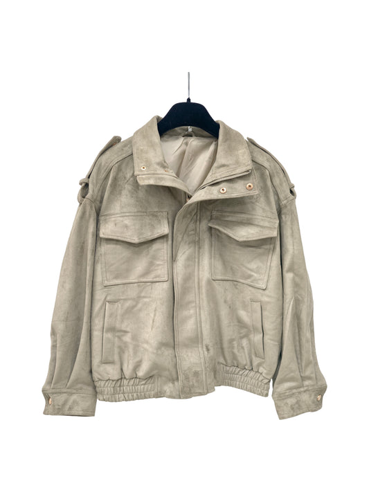 Women’s Light BEIGE Faux Suede Utility Jacket – Cropped Minimalist Outerwear, Structured Luxury Style for Daily Wear