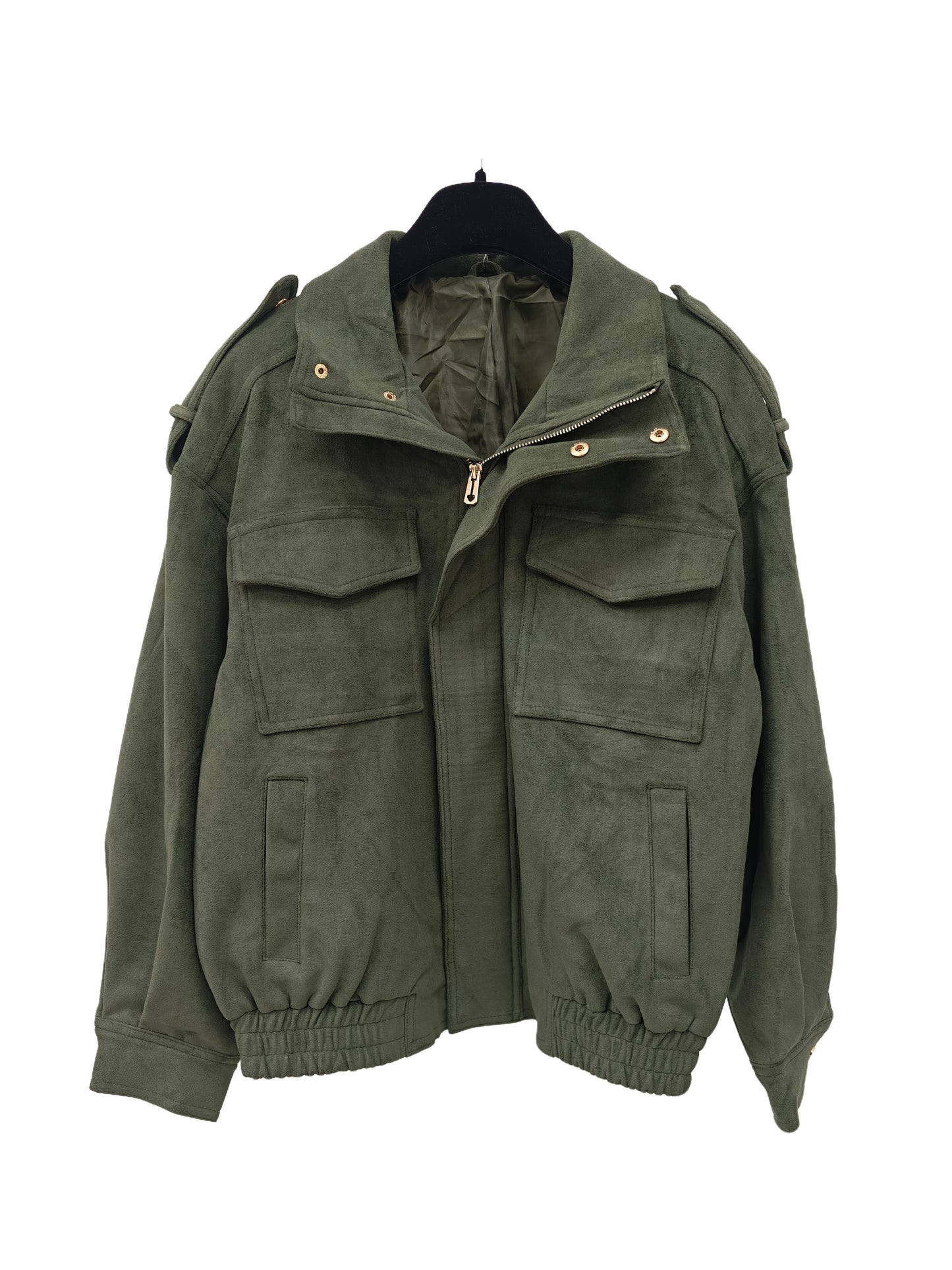 Women’s Army Green Faux Suede Jacket – Cropped Utility Style, Structured Minimalist Outerwear for Daily Wear