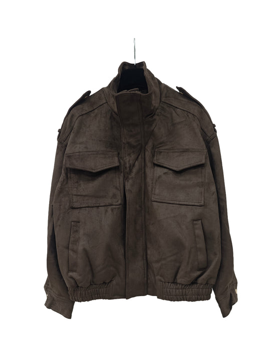 Women’s Dark Brown Faux Suede Jacket – Cropped Utility Jacket, Minimalist Luxury Outerwear for Everyday Style