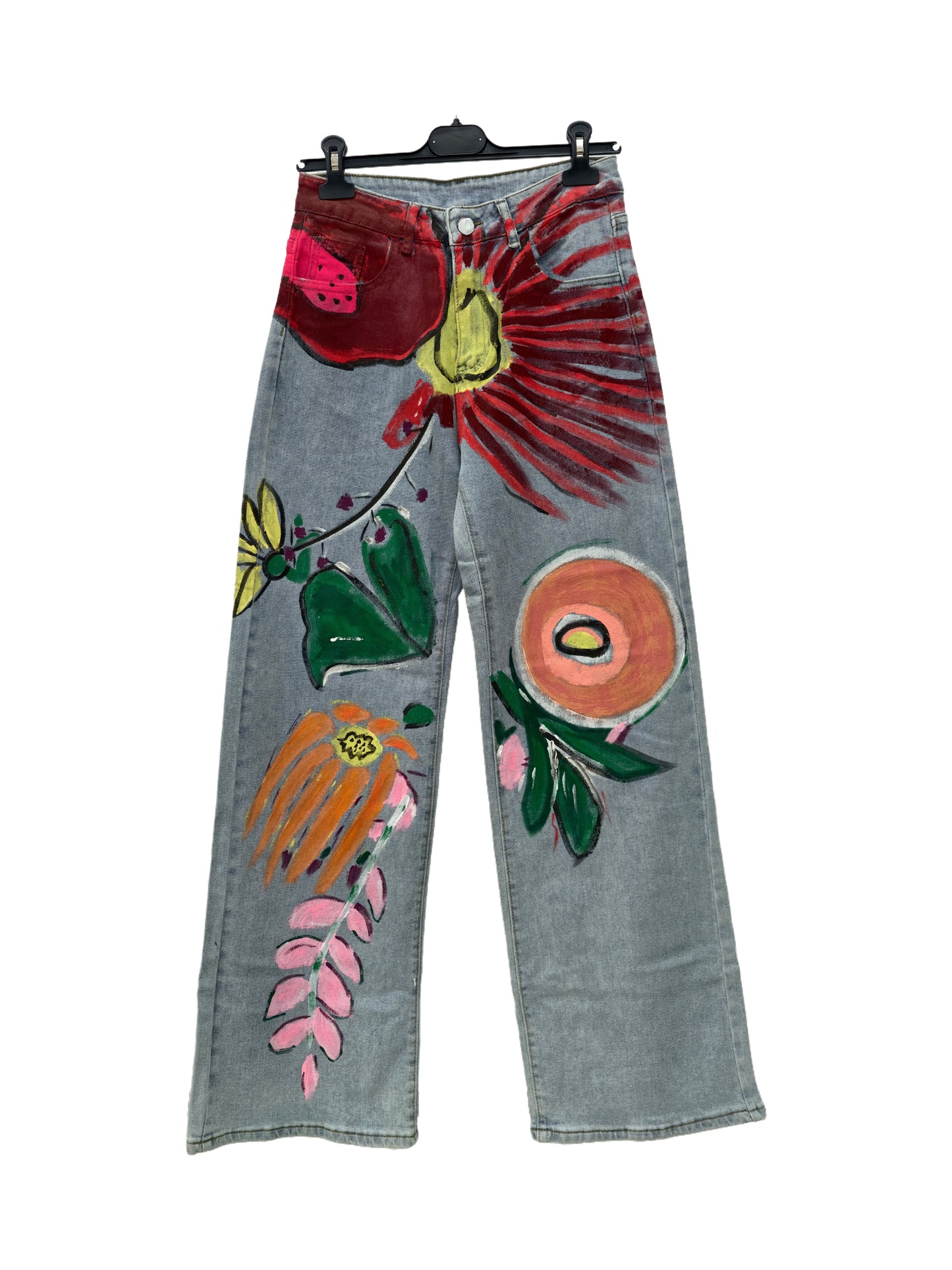 Women’s Hand-Painted Floral Denim Jeans – Artistic Wide-Leg Jeans, Statement Designer Style for Daily Wear