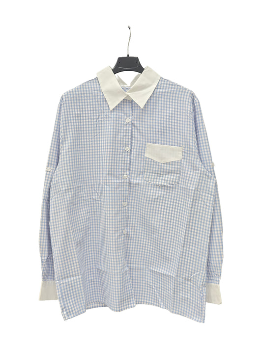 Women’s Blue Gingham Contrast Collar Shirt – Relaxed Fit Button-Up, Minimal Chic Everyday Blouse