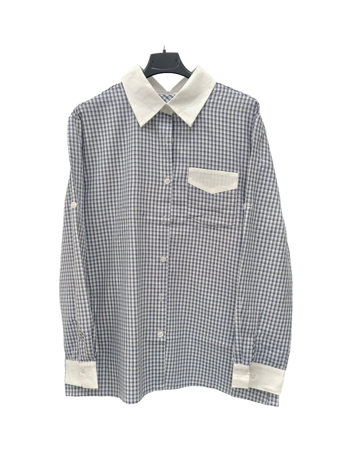 Women’s Blue Gingham Contrast Collar Shirt – Relaxed Fit Button-Up, Minimal Chic Everyday Blouse