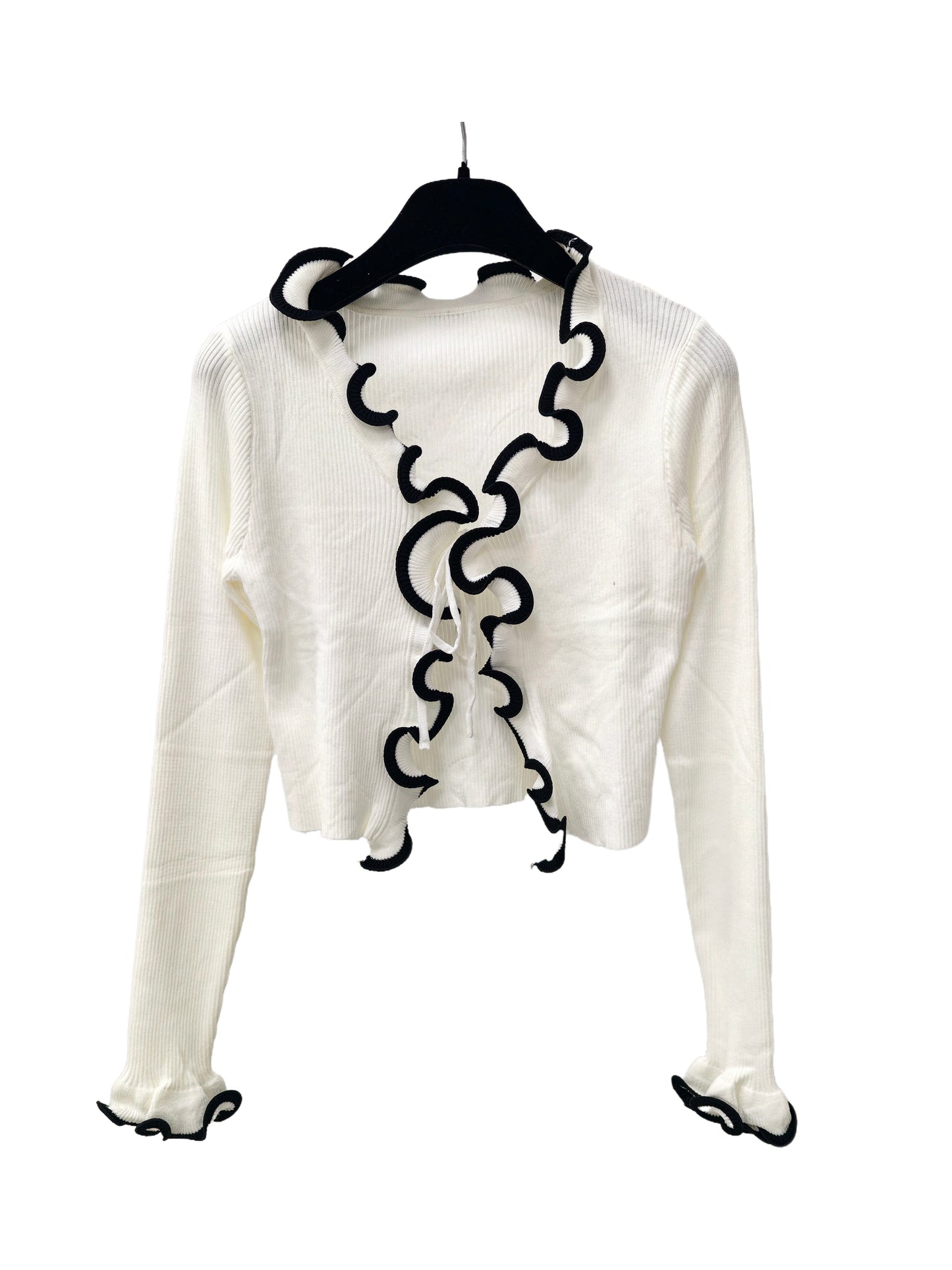 Women’s Ruffle Trim Cropped Knit Top – Lace-Up Front Cardigan, Elegant Ribbed Long Sleeve Top for Chic Everyday Style