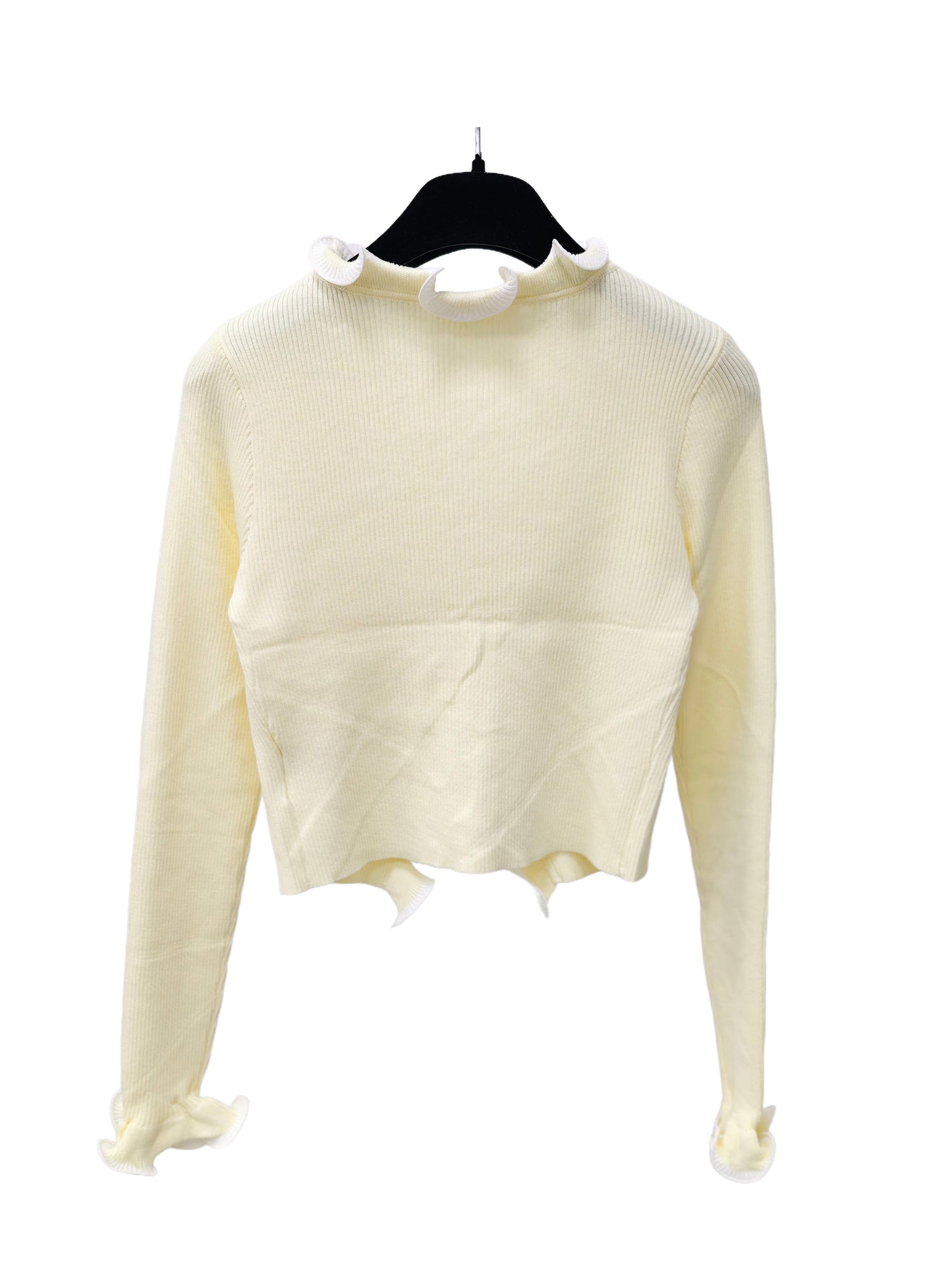 Women’s Ruffle Trim Cropped Knit Top – Lace-Up Front Cardigan, Elegant Ribbed Long Sleeve Top for Chic Everyday Style