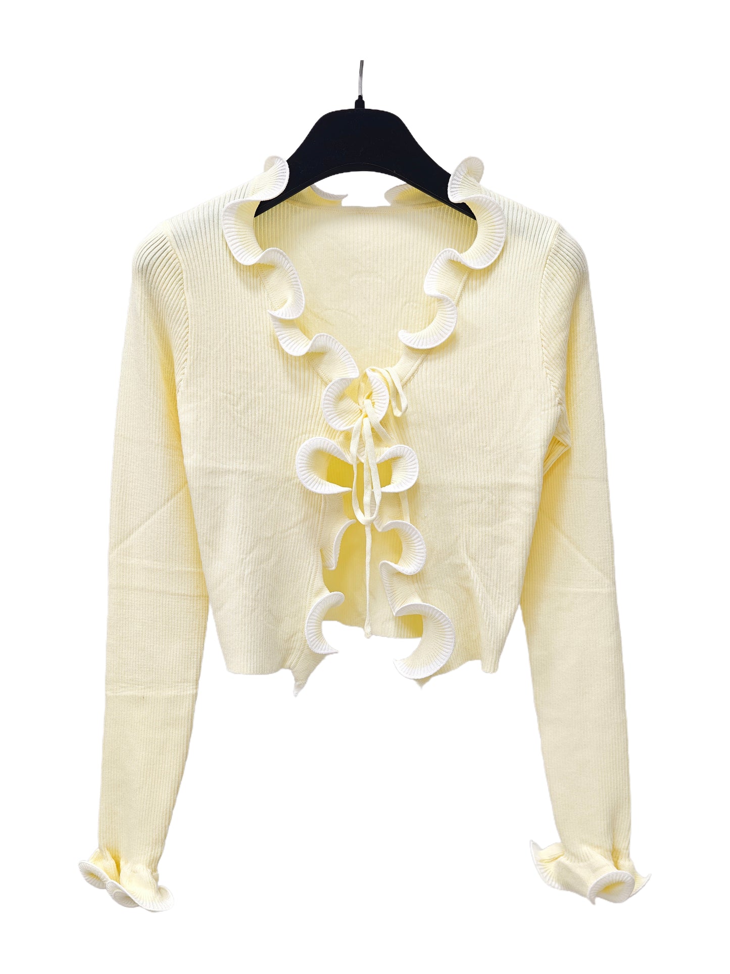 Women’s Ruffle Trim Cropped Knit Top – Lace-Up Front Cardigan, Elegant Ribbed Long Sleeve Top for Chic Everyday Style