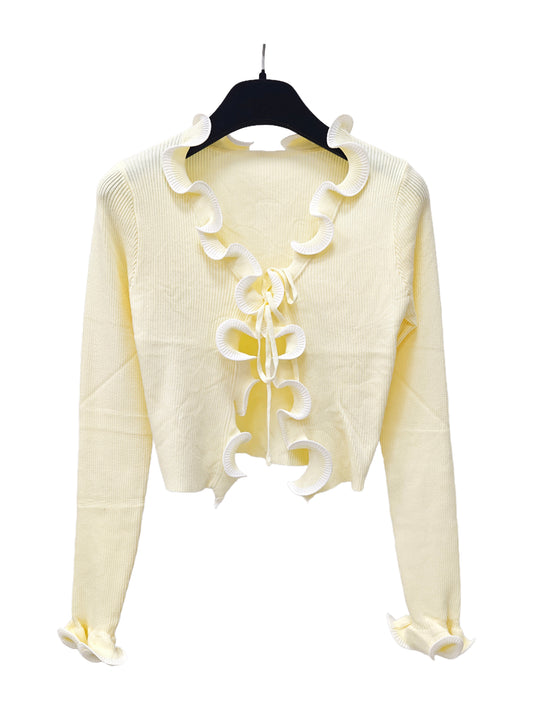 Women’s Ruffle Trim Cropped Knit Top – Lace-Up Front Cardigan, Elegant Ribbed Long Sleeve Top for Chic Everyday Style