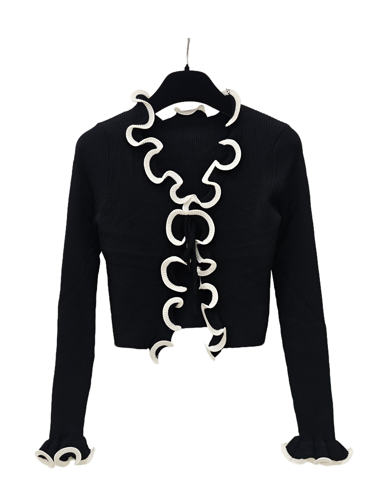 Women’s Ruffle Trim Cropped Knit Top – Lace-Up Front Cardigan, Elegant Ribbed Long Sleeve Top for Chic Everyday Style