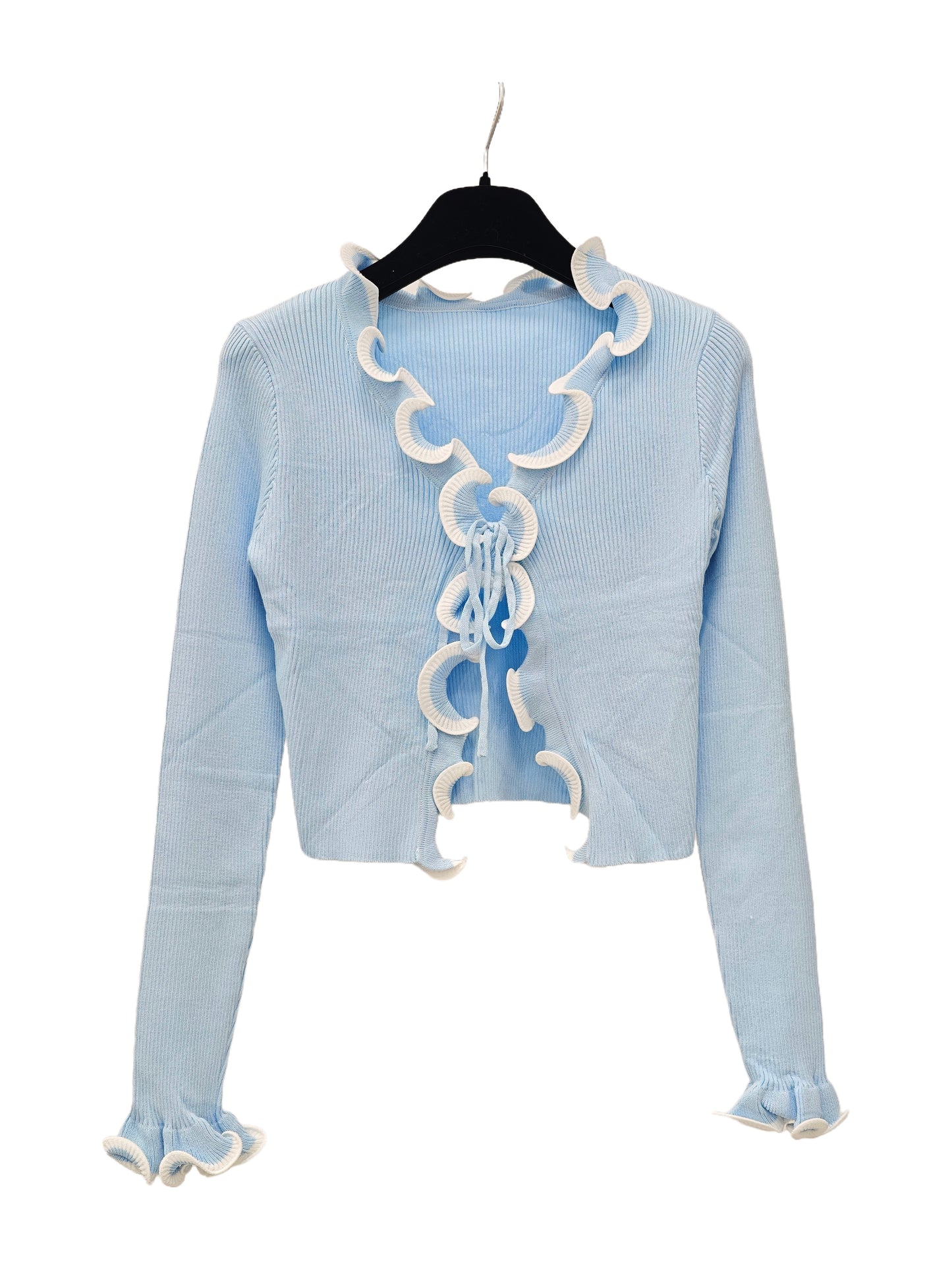 Women’s Ruffle Trim Cropped Knit Top – Lace-Up Front Cardigan, Elegant Ribbed Long Sleeve Top for Chic Everyday Style