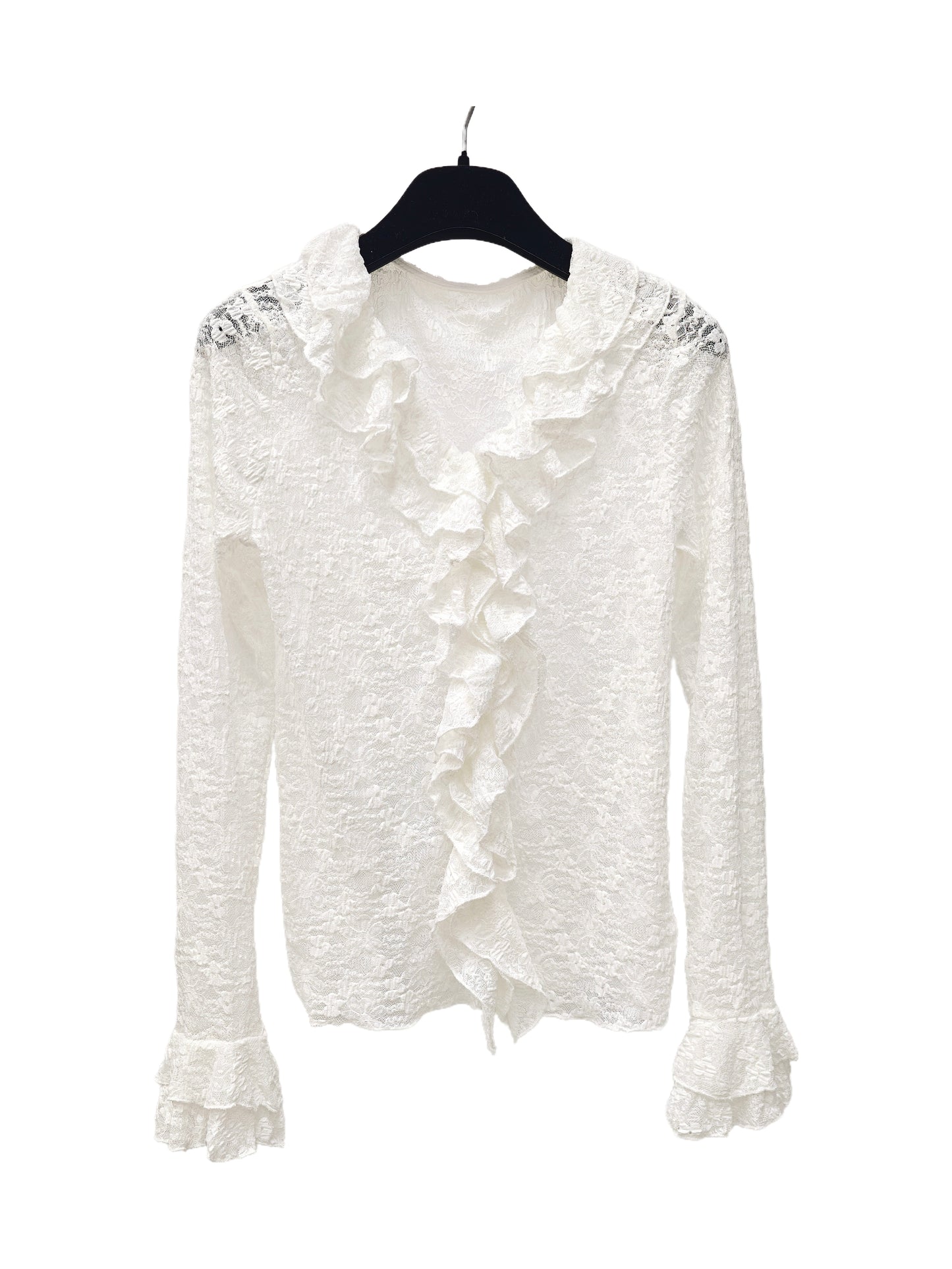 Women’s Ruffled Lace Top – Romantic Sheer Long Sleeve Blouse, Vintage-Inspired Feminine Style for Daily Wear