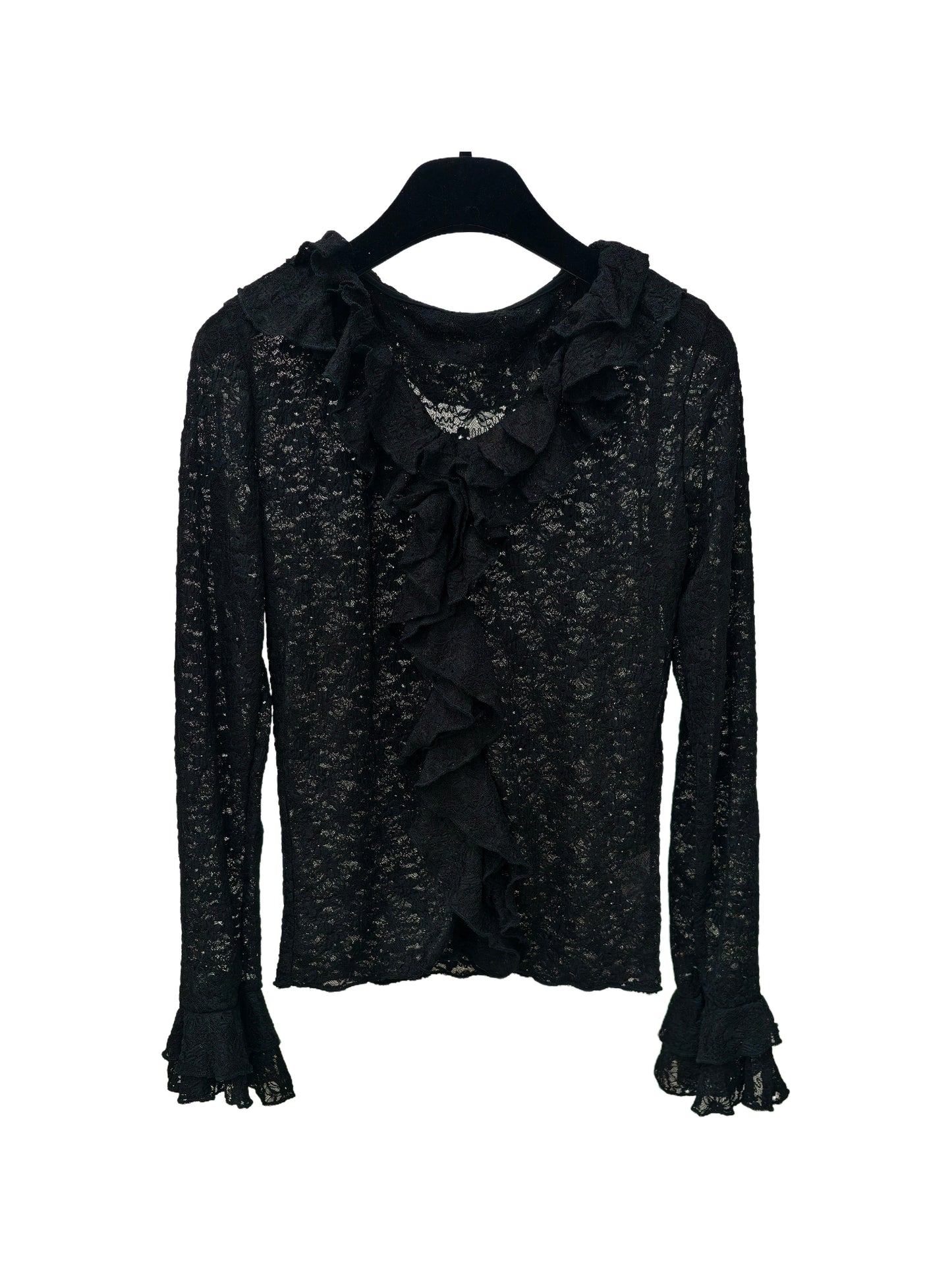 Women’s Ruffled Lace Top – Romantic Sheer Long Sleeve Blouse, Vintage-Inspired Feminine Style for Daily Wear