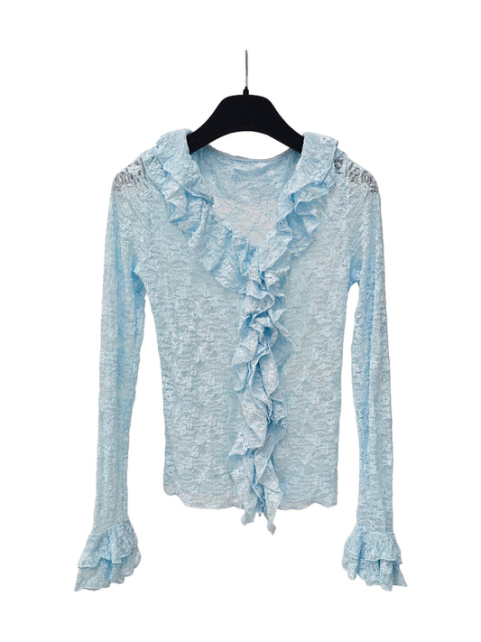 Women’s Ruffled Lace Top – Romantic Sheer Long Sleeve Blouse, Vintage-Inspired Feminine Style for Daily Wear
