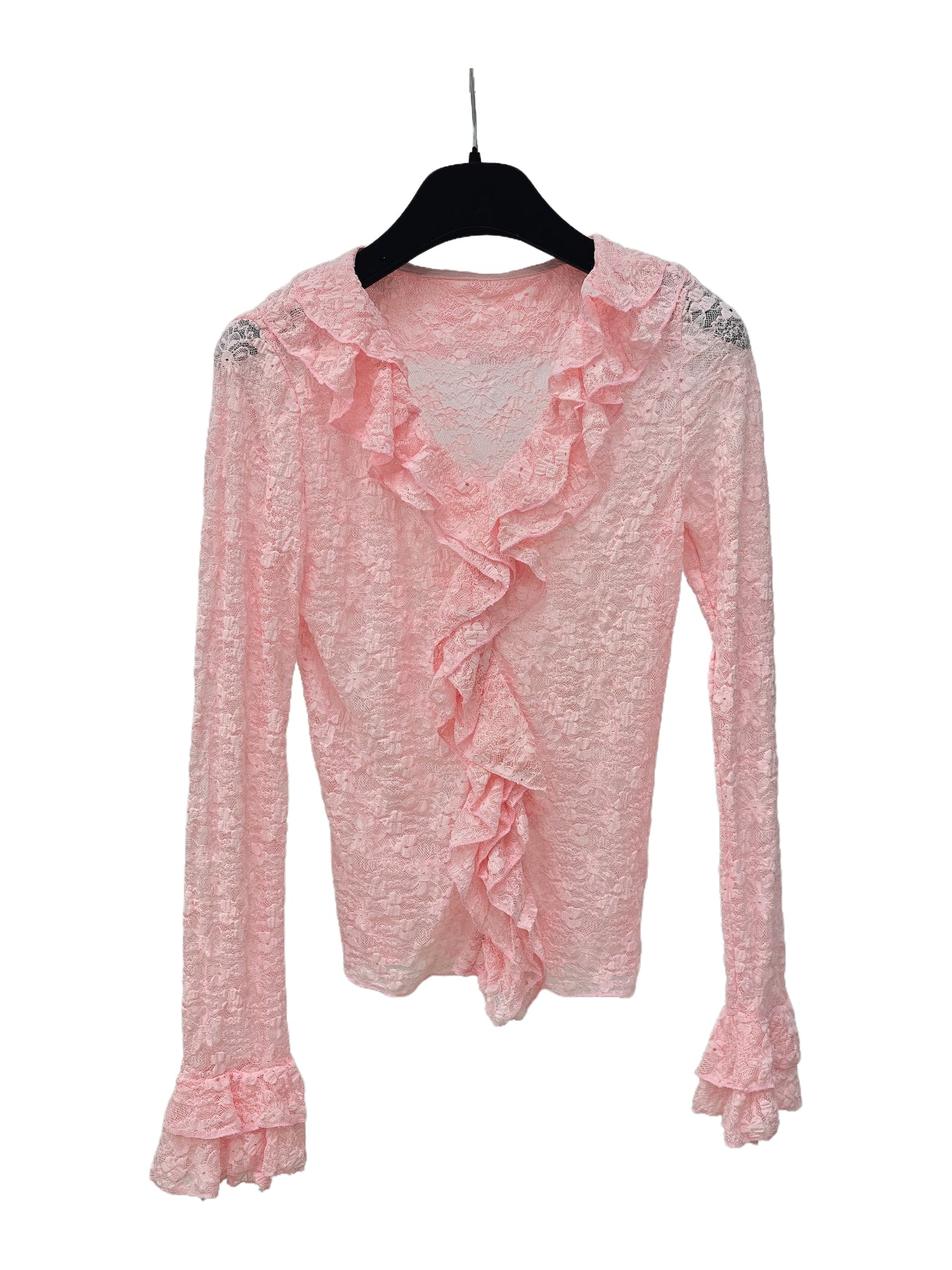 Women’s Ruffled Lace Top – Romantic Sheer Long Sleeve Blouse, Vintage-Inspired Feminine Style for Daily Wear