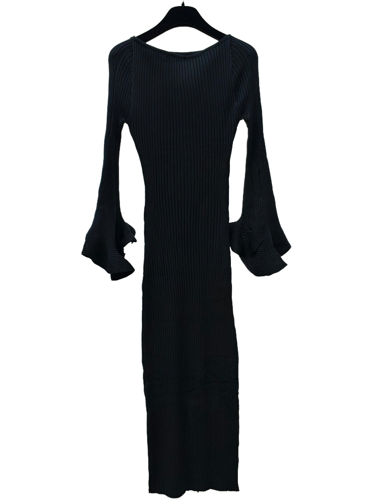 Women’s Ribbed Knit Long Sleeve Maxi Dress – Elegant Bell-Sleeve Bodycon Dress, Minimal Chic Statement for Everyday & Occasion Wear