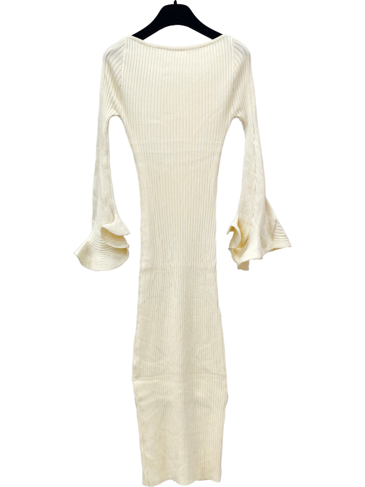 Women’s Ribbed Knit Long Sleeve Maxi Dress – Elegant Bell-Sleeve Bodycon Dress, Minimal Chic Statement for Everyday & Occasion Wear