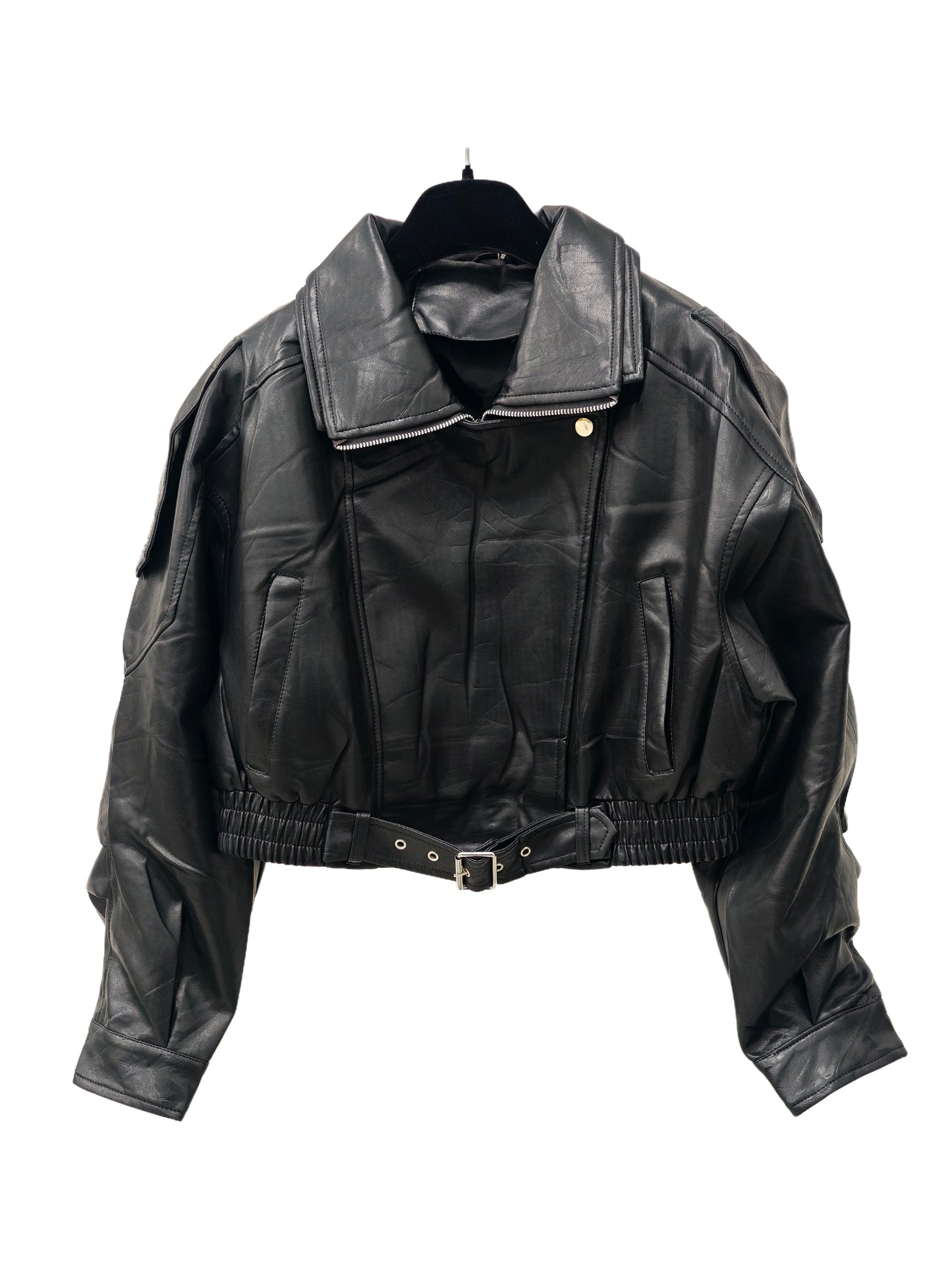 Women’s Faux Leather Bomber Jacket – Oversized Zip-Up Jacket with Belted Hem, Minimalist Street Style Outerwear