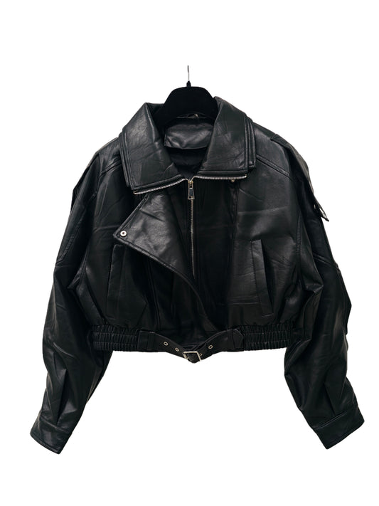 Women’s Faux Leather Bomber Jacket – Oversized Zip-Up Jacket with Belted Hem, Minimalist Street Style Outerwear