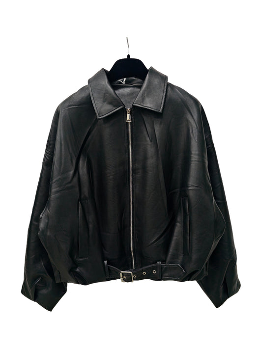 Women’s Faux Leather Bomber Jacket – Oversized Zip-Up Jacket with Belted Hem, Minimalist Street Style Outerwear